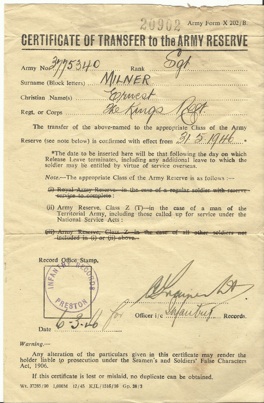 Certificate of transfer to Army Reserve